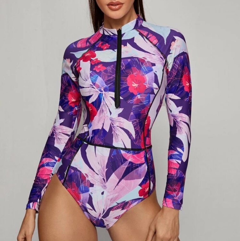 Shein Floral print zipper front surfing swimsuit